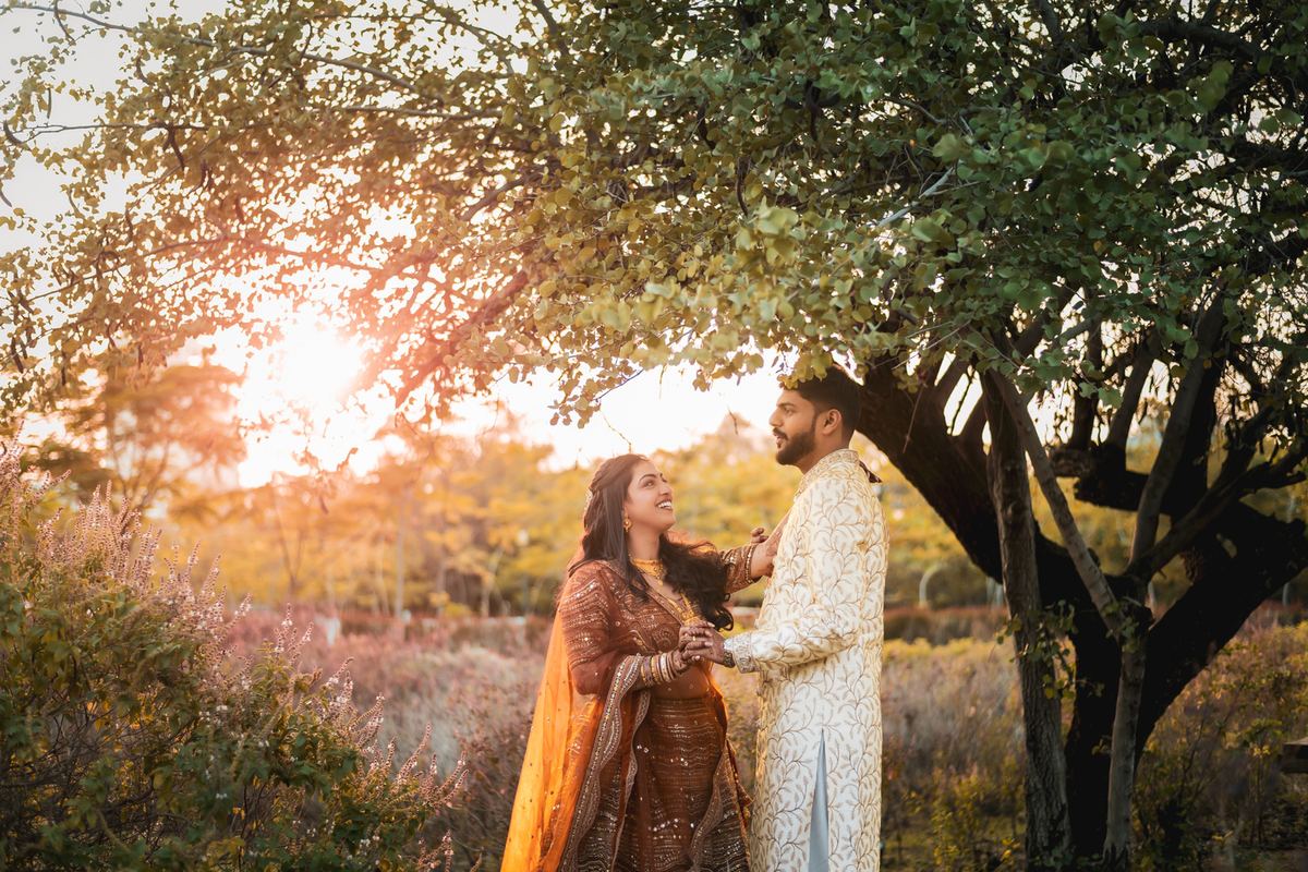 A couple at golden hour under a tree