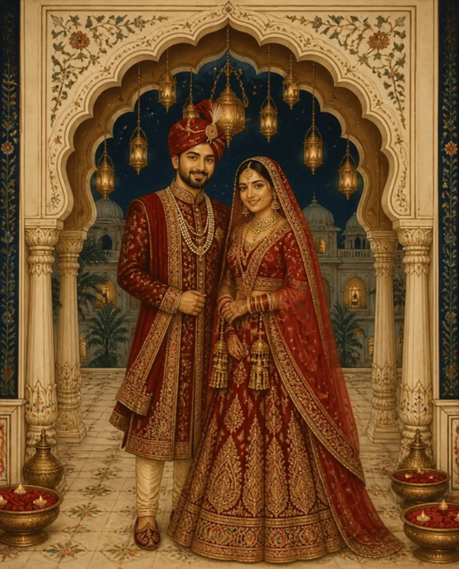 Royal Rajputana video wedding invitation artwork of the bride and groom